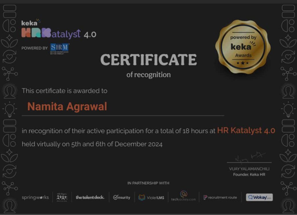 A sleek certificate design for Keka HR Katalyst 4.0, showcasing achievement in HR innovation and leadership, with the Keka HR logo prominently displayed.