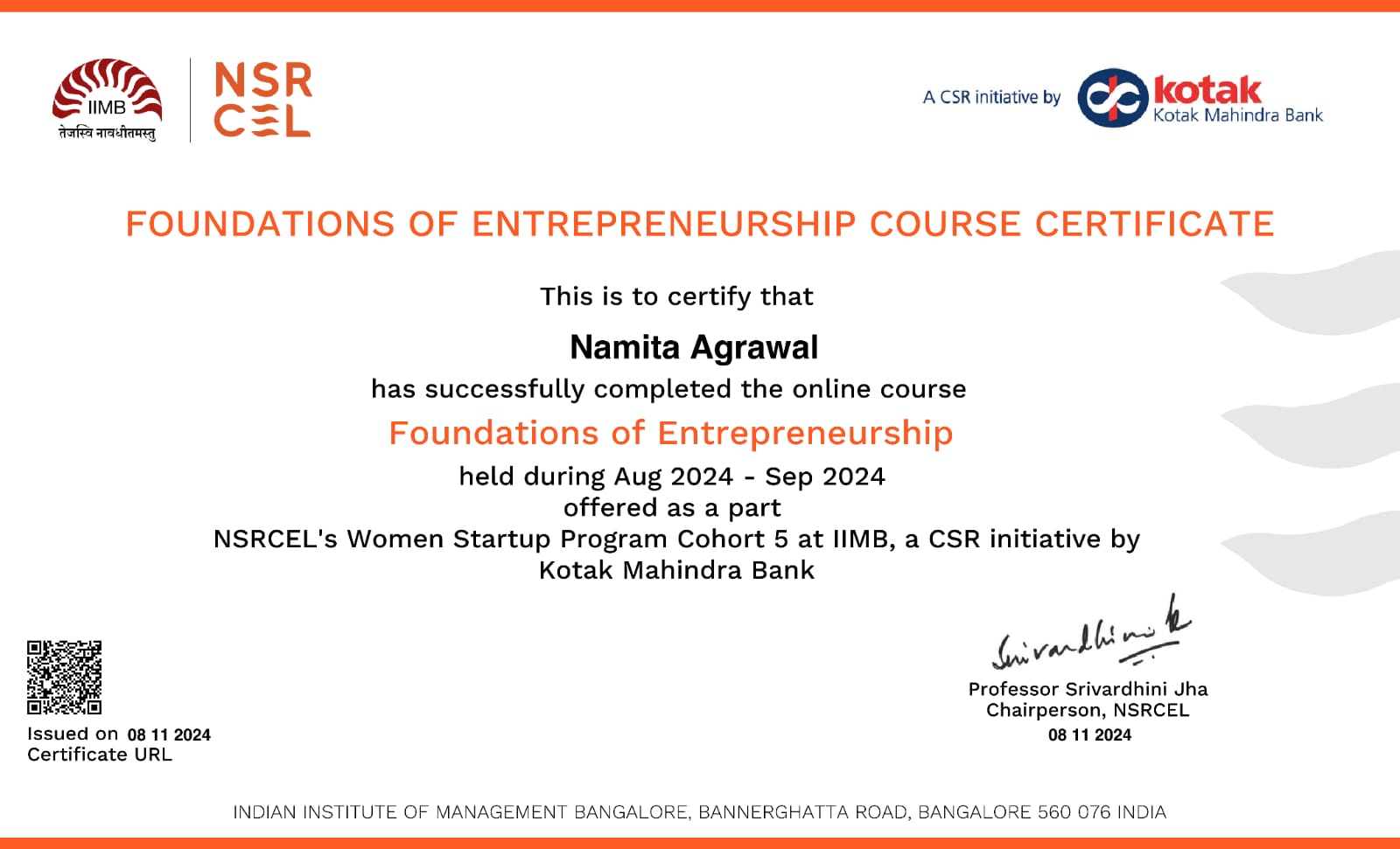 A visually striking graphic featuring the NSRCEL IIM Bangalore logo alongside the text 'Women Startup Program (WSP) 5,' symbolizing empowerment, innovation, and entrepreneurship for women